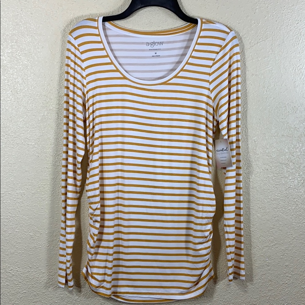 A Glow Maternity Top Blouse Gold Cream NWT M Pullover Ruched Stretchy Rayon